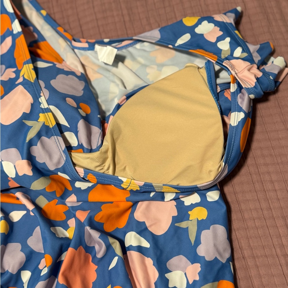 Floral V-Neck Honey Mark Swim Romper - Blue and Orange - Picture 5 of 8
